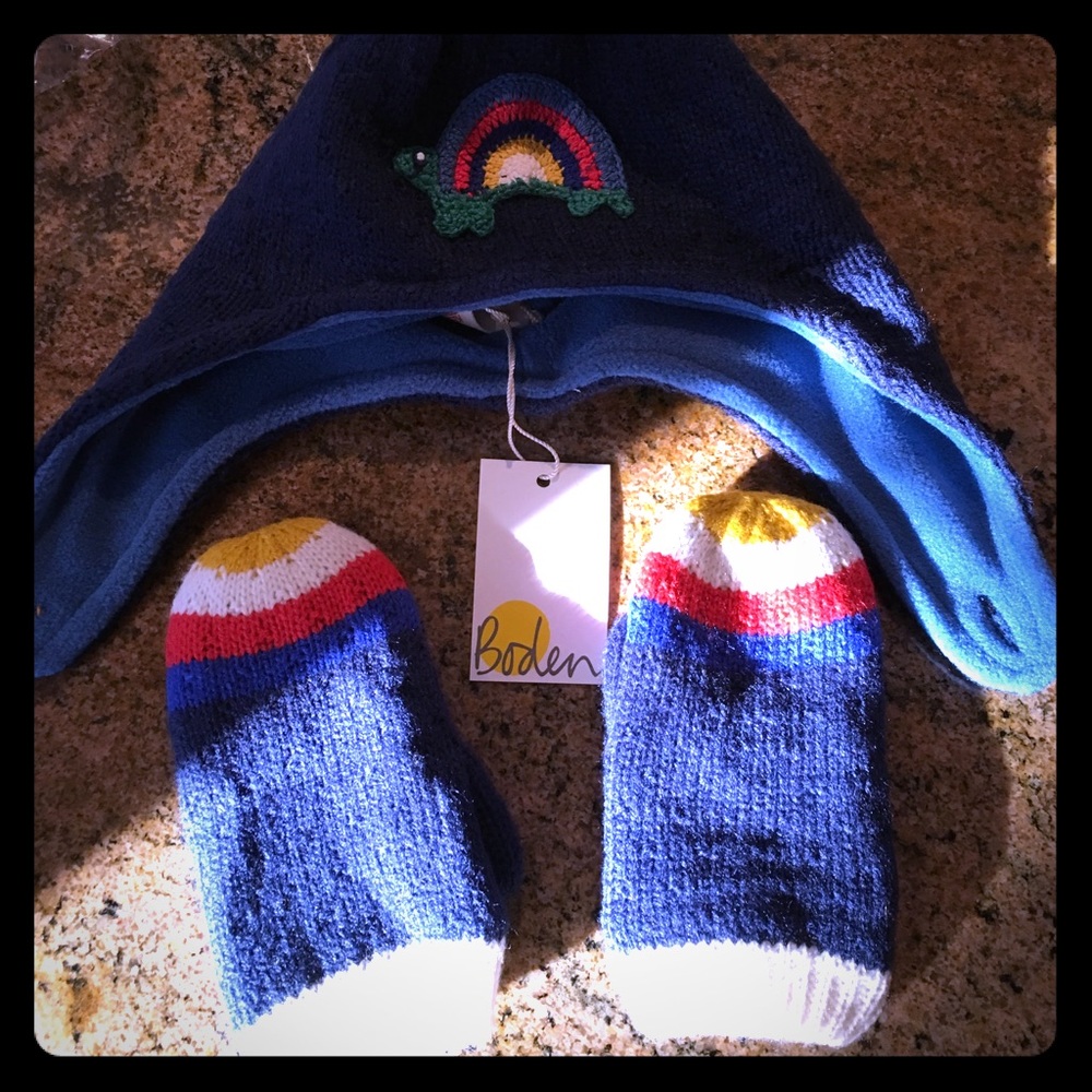 Mini Boden cable knit crochet hat mitten 2-4y NEW